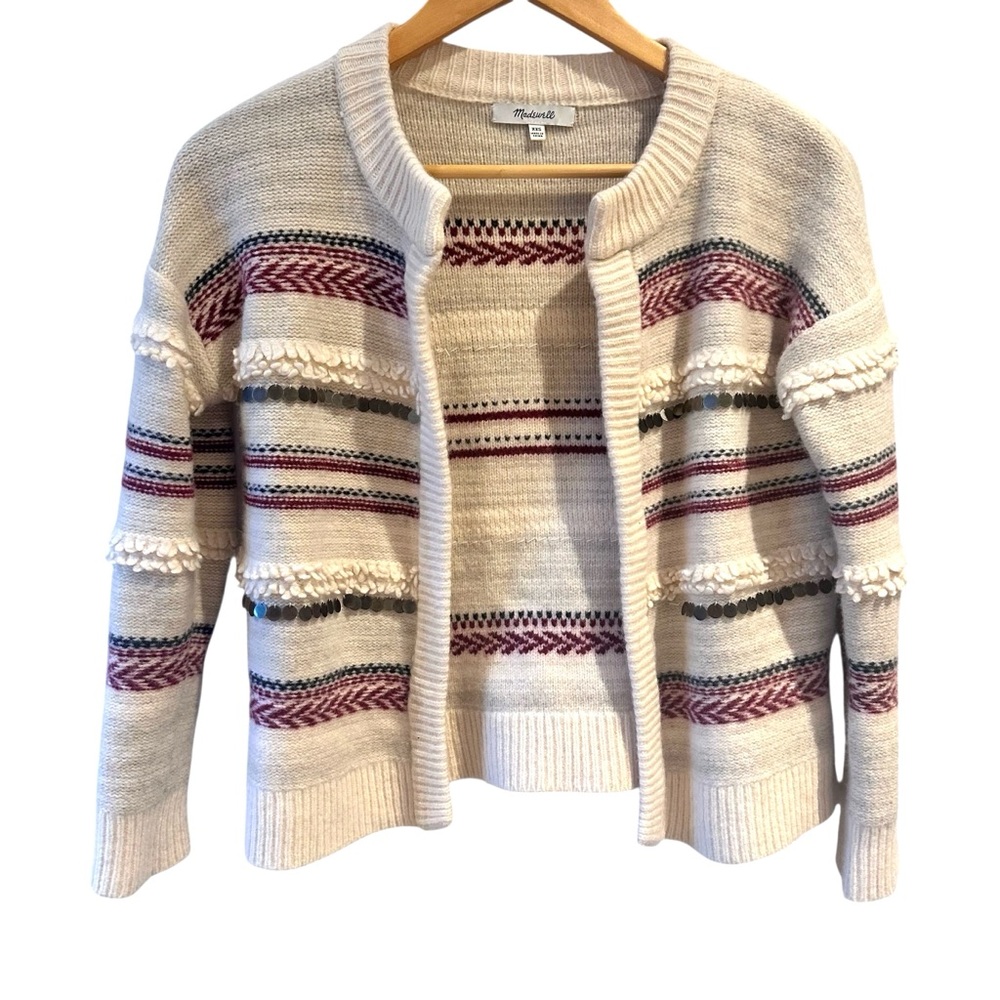 Madewell Paillette-Stripe Cardigan Sweater Merino Wool Cream Size XXS
